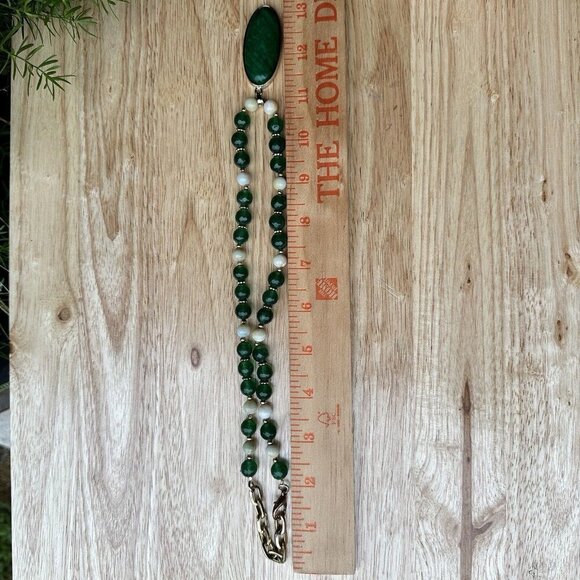 Vintage Green White Nephrite Jade Pendant Necklace‎ Gold Plated Beads Spacer 22" - Picture 6 of 8